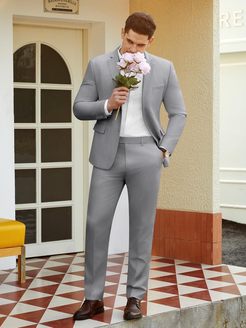 WEEN CHARM Mens Suits Slim Fit 2 Piece Wedding Tuxedo Two Button Groom Prom Party Solid Blazer Pants Suit Set Light Grey - Image 5